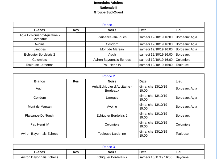 Calendriers des compétitions nationales